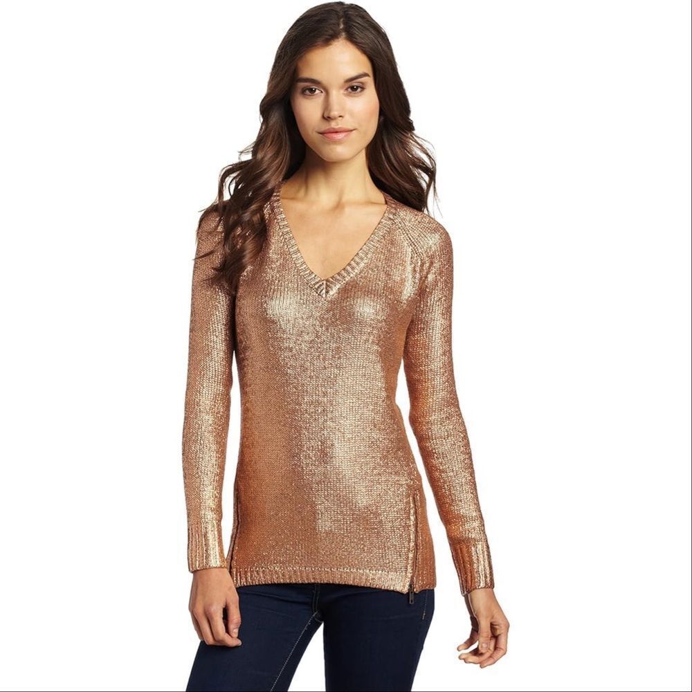 Elsa Moss Beatrix Metallic Copper Penny V Neck Zipper Hem Tunic Sweater Medium